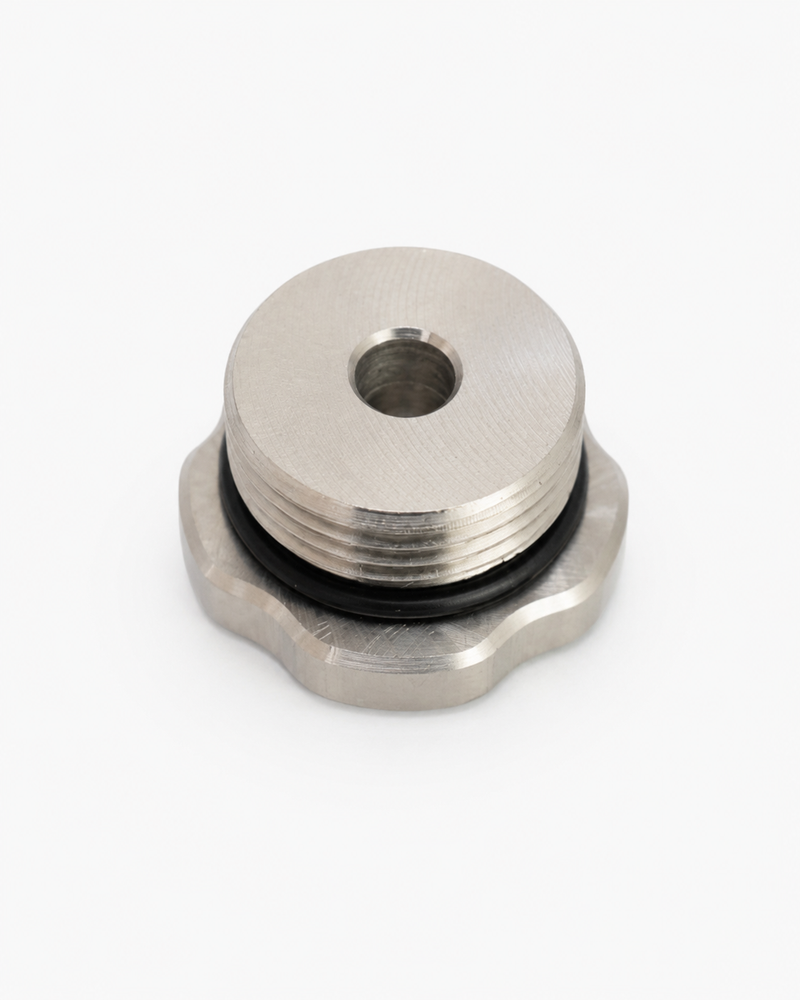 Load image into Gallery viewer, Underside of the Snowbound Customs billet aluminum reservoir cap
