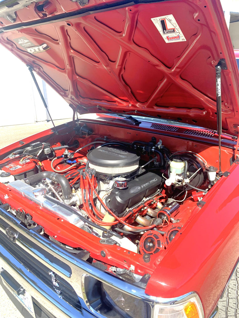 Load image into Gallery viewer, Installed Spiker hood struts above a modified engine bay
