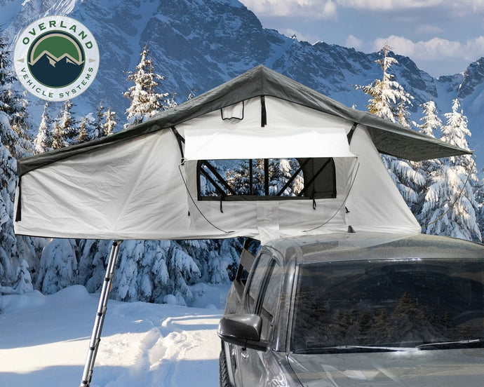 Roof Top Tent Extended 3 Person Roof Top Tent With Annex White/Dark Gray Rain Fly Black Cover Nomadic Arctic Overland Vehicle Systems - Overland Vehicle Systems