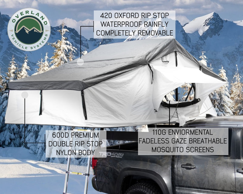 Load image into Gallery viewer, Roof Top Tent Extended 3 Person Roof Top Tent With Annex White/Dark Gray Rain Fly Black Cover Nomadic Arctic Overland Vehicle Systems - Overland Vehicle Systems
