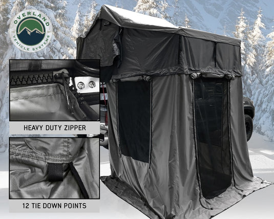 Roof Top Tent Extended 3 Person Roof Top Tent With Annex White/Dark Gray Rain Fly Black Cover Nomadic Arctic Overland Vehicle Systems - Overland Vehicle Systems