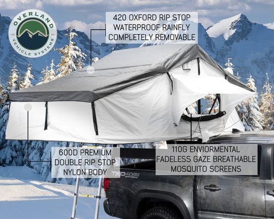 Roof Top Tent Extended 3 Person Roof Top Tent White Base/ Dark Gray Rain Fly Black Cover Nomadic Arctic Overland Vehicle Systems - Overland Vehicle Systems