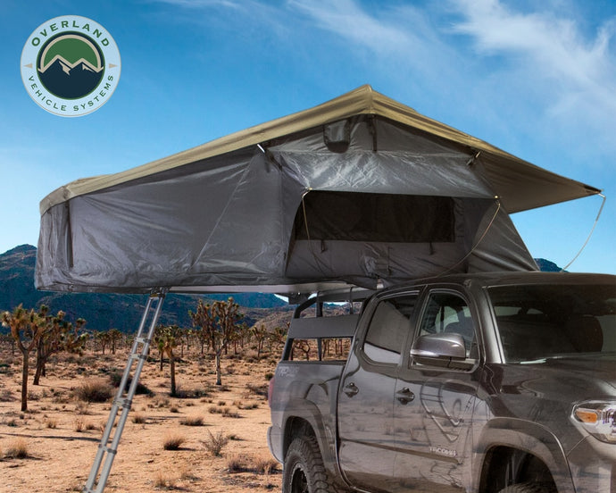 Roof Top Tent 3 Person Extended Roof Top Tent Dark Gray Base With Green Rain Fly With Bonus Pack Nomadic Overland Vehicle Systems - Overland Vehicle Systems