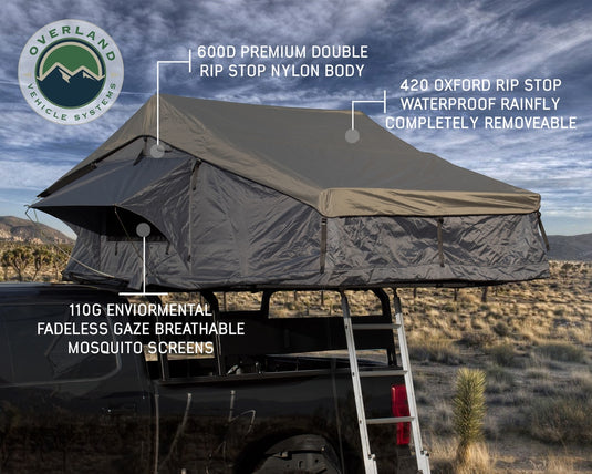 Roof Top Tent 4 Person Extended Roof Top Tent Dark Gray Base With Green Rain Fly With Bonus Pack Nomadic Overland Vehicle Systems - Overland Vehicle Systems