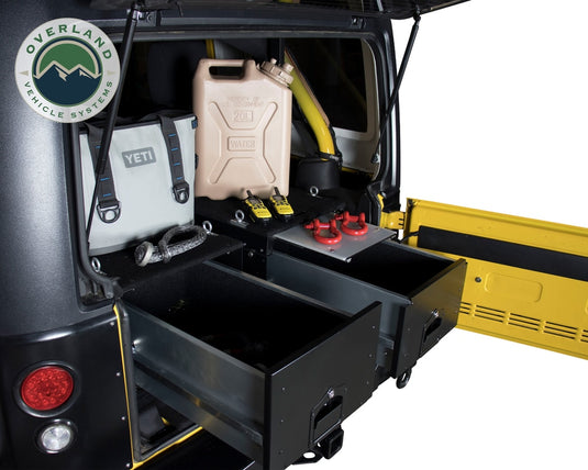 Cargo Box With Slide Out Drawer & Working Station Size Black Powder Coat Universal Overland Vehicle Systems - Overland Vehicle Systems