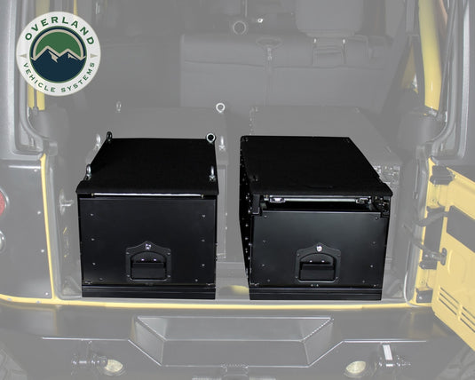 Cargo Box With Slide Out Drawer & Working Station Size Black Powder Coat Universal Overland Vehicle Systems - Overland Vehicle Systems
