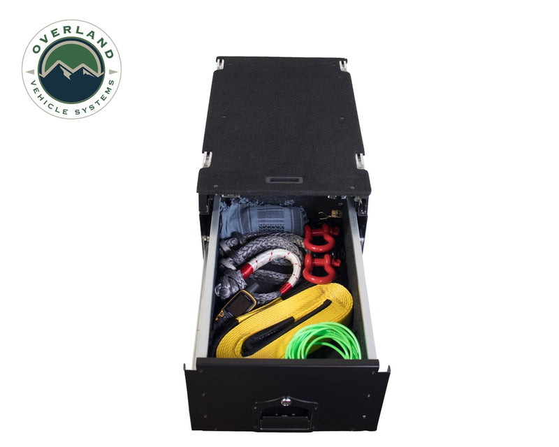 Load image into Gallery viewer, Cargo Box With Slide Out Drawer &amp; Working Station Size Black Powder Coat Universal Overland Vehicle Systems - Overland Vehicle Systems
